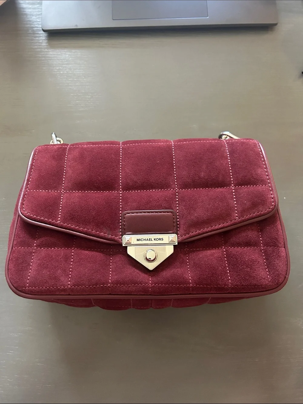 Michael Kors Quilted Burgundy Suede Crossbody with Gold Hardware